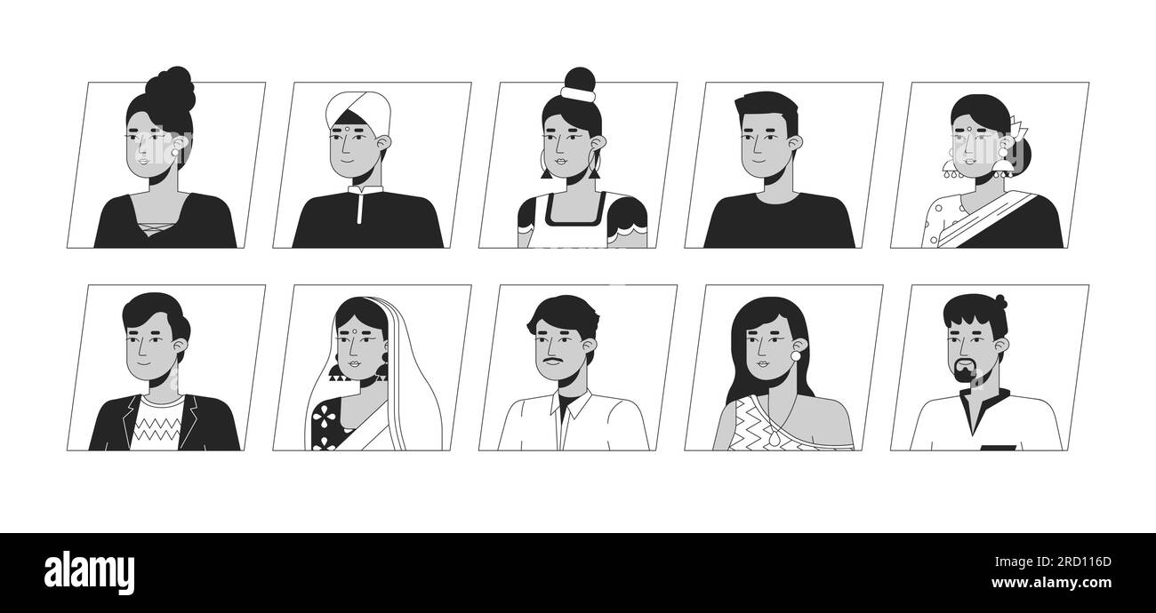 Pacchetto di icone avatar cartoni animati in bianco e nero per cartoni animati indiani graziosi Illustrazione Vettoriale