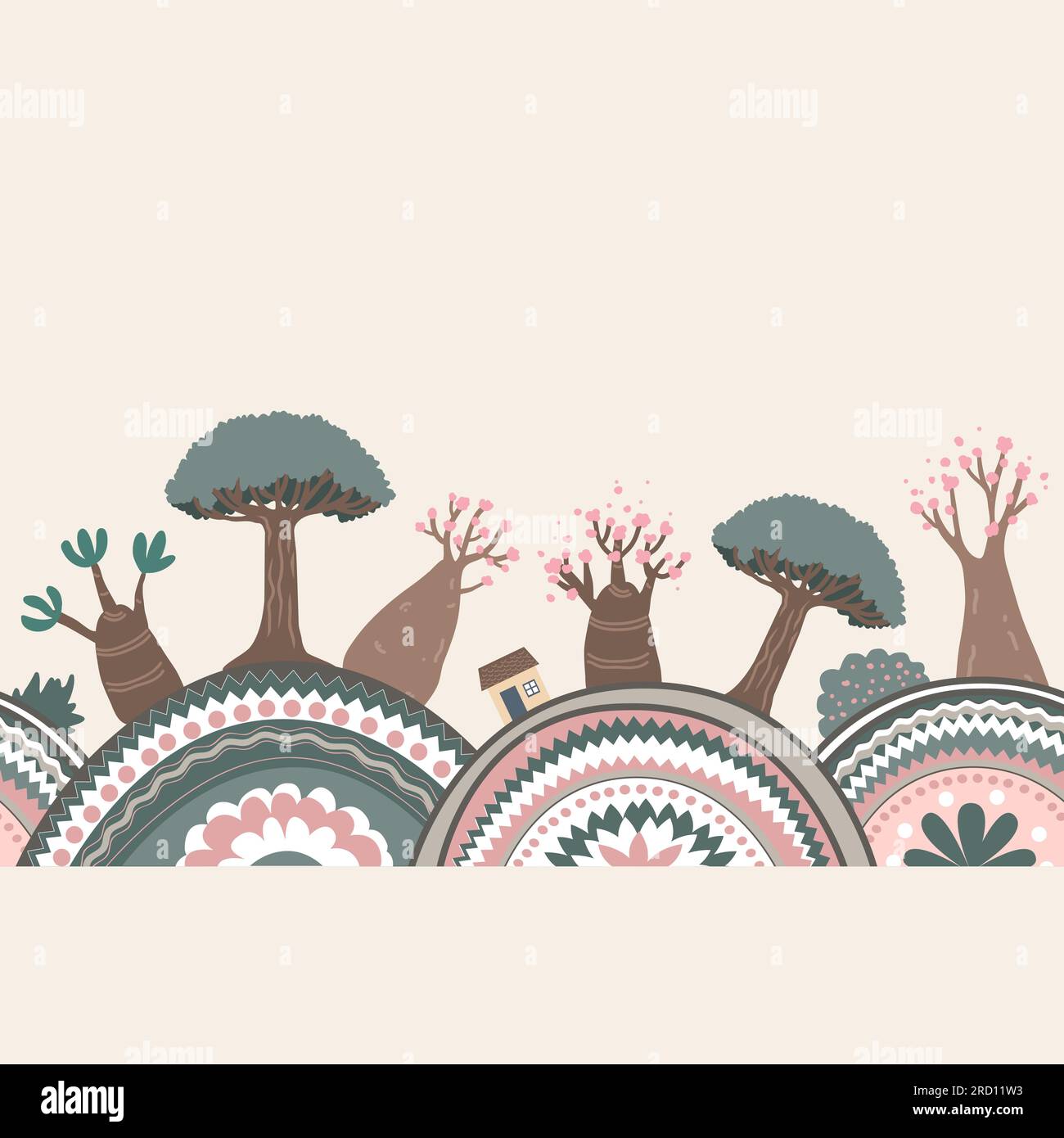 colline strutturate, adenium di doodle e alberi di drago. Cartoni animati disegno a mano con bordo vettoriale orizzontale. Illustrazione Vettoriale