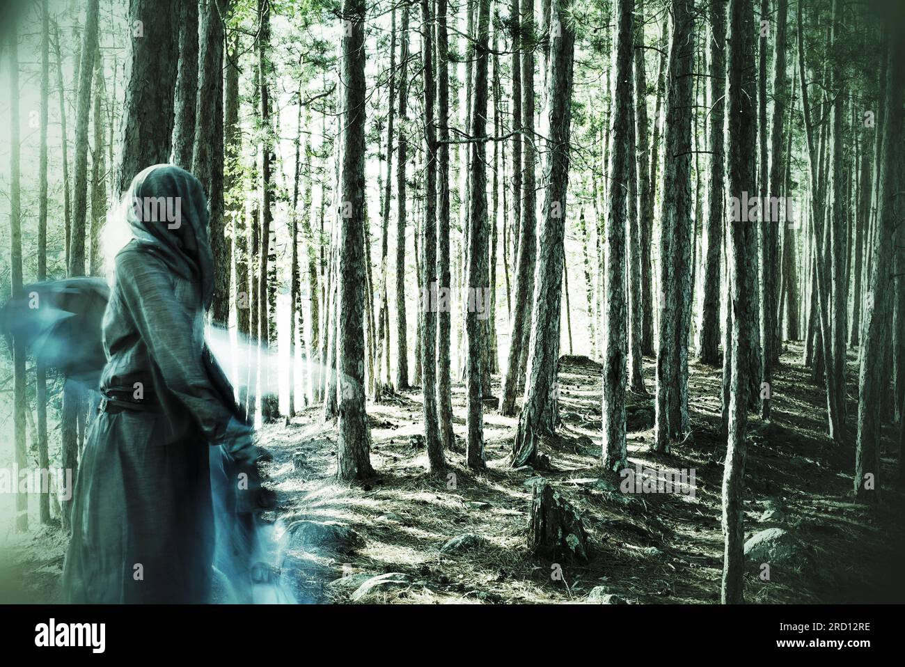 Una donna con un abito con cappuccio balla in una foresta magica. La foto evoca una qualità fantasma ultraterrena. Foto Stock