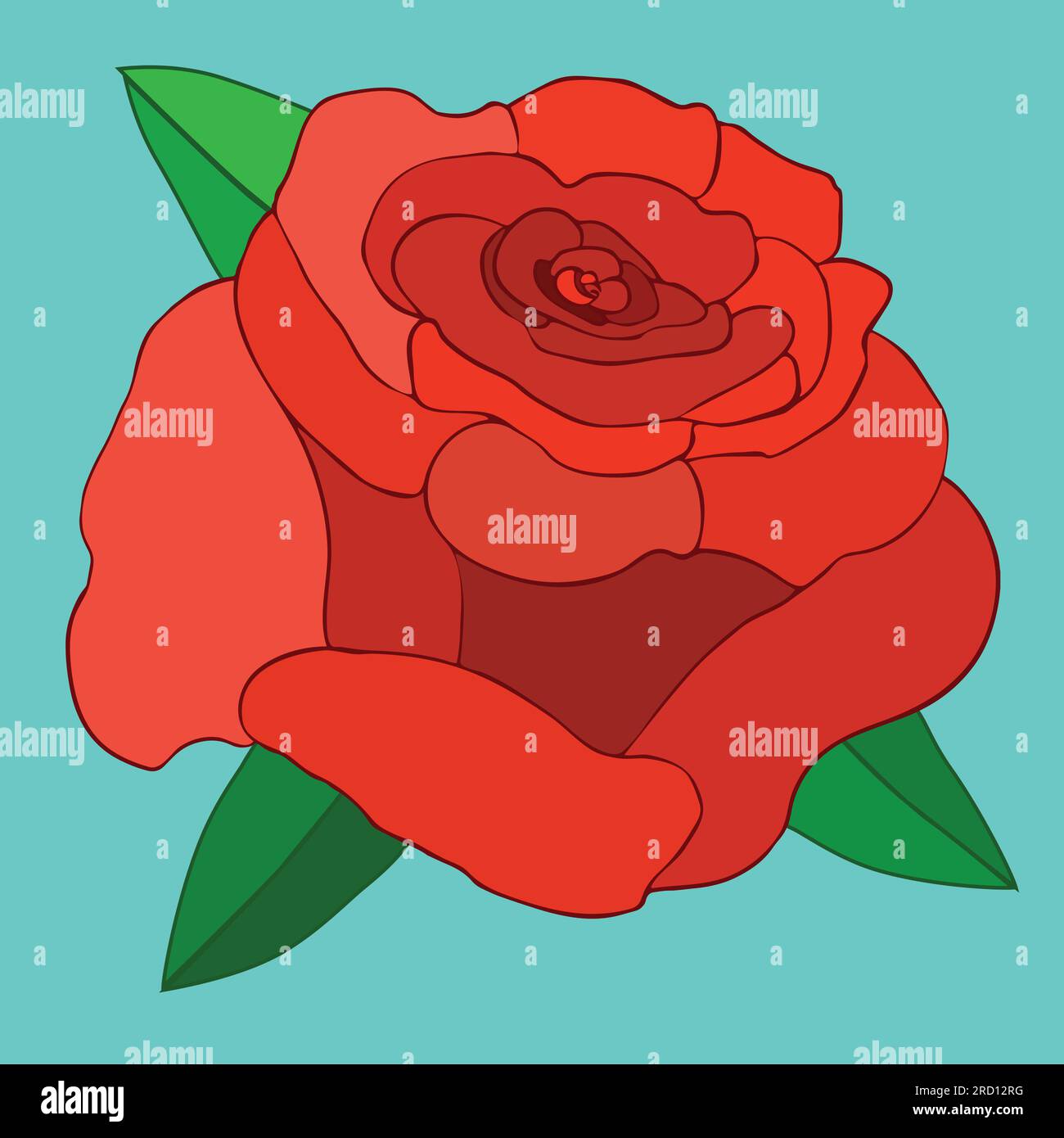 Un'illustrazione vettoriale di una grande rosa rossa. La rosa è riempita con disegno a linee e sono visibili alcune lamelle verdi. Lo sfondo è blu tenue. Illustrazione Vettoriale