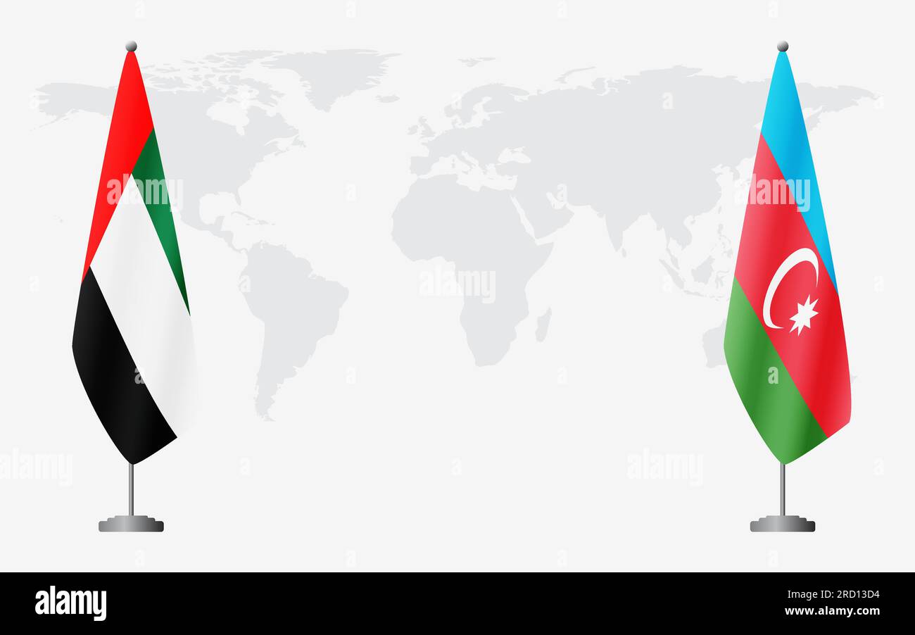 Bandiere degli Emirati Arabi Uniti e dell'Azerbaigian per un incontro ufficiale sullo sfondo della mappa mondiale. Illustrazione Vettoriale