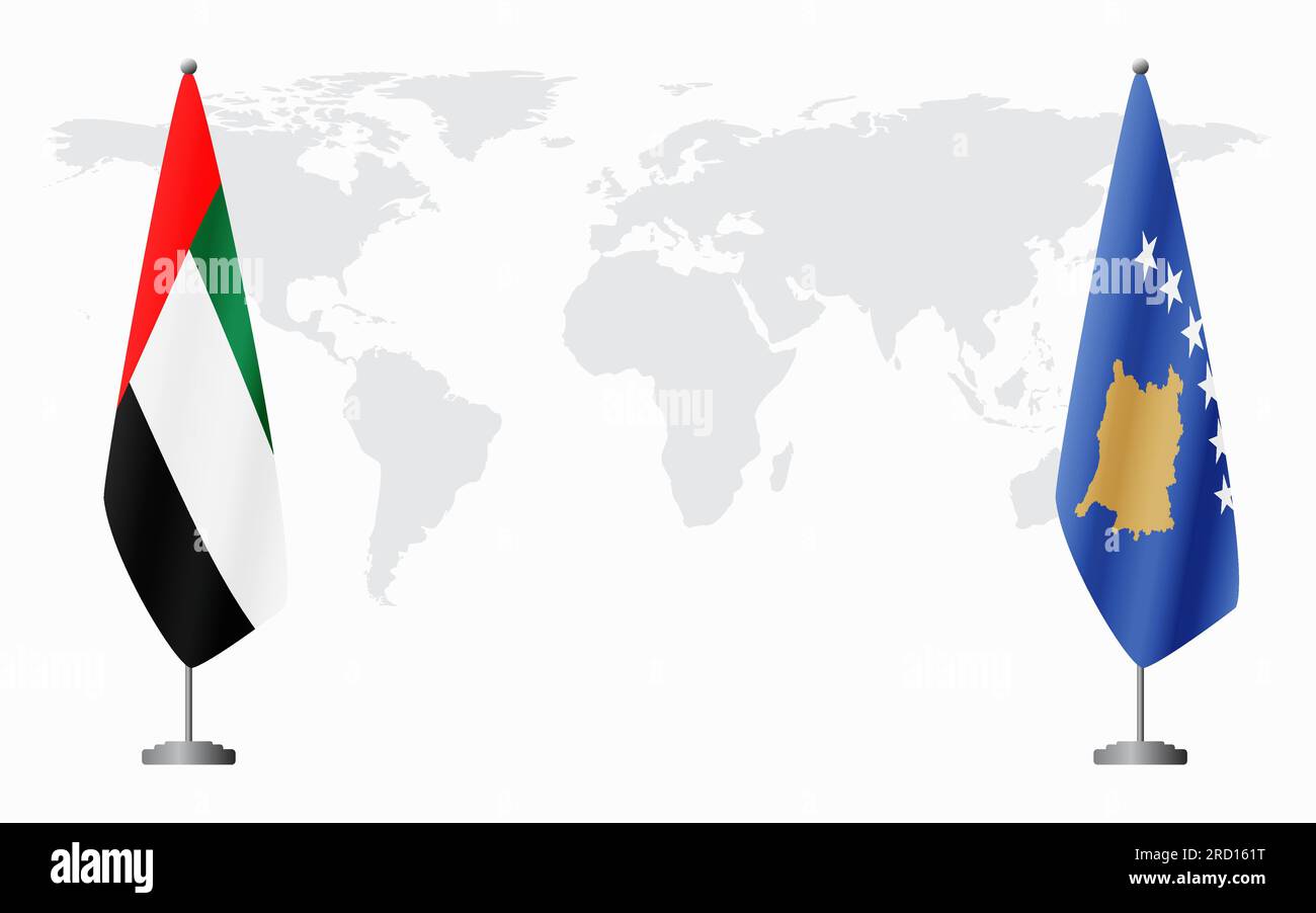 Bandiere degli Emirati Arabi Uniti e del Kosovo per un incontro ufficiale sullo sfondo della mappa mondiale. Illustrazione Vettoriale
