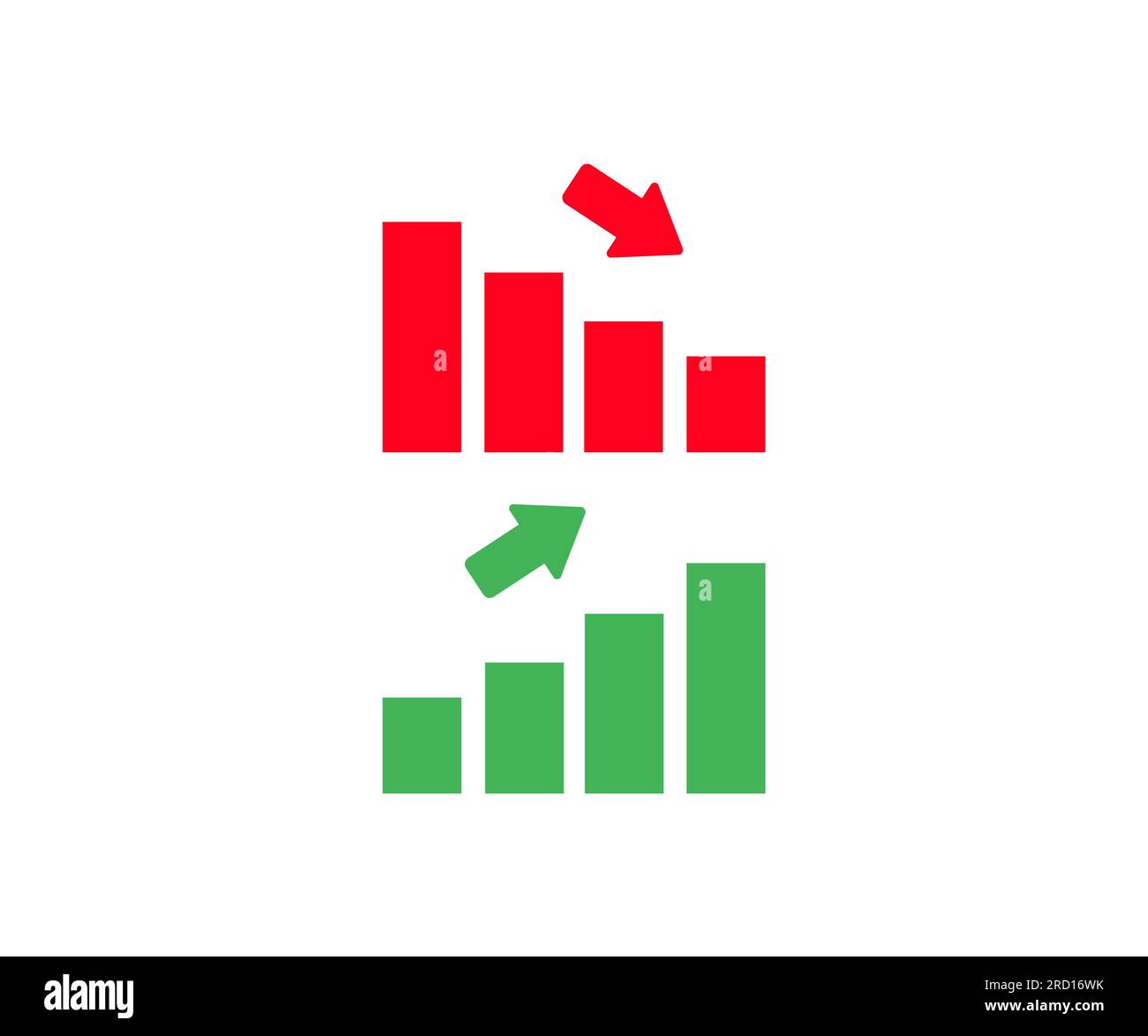 Icona di crescita, logo con freccia rivolta verso il basso e verso l'alto. Crescita, creazione di grafici, aumento, evoluzione e sviluppo, aumento del set di icone dei grafici a barre, grafici e grafici aziendali. Illustrazione Vettoriale