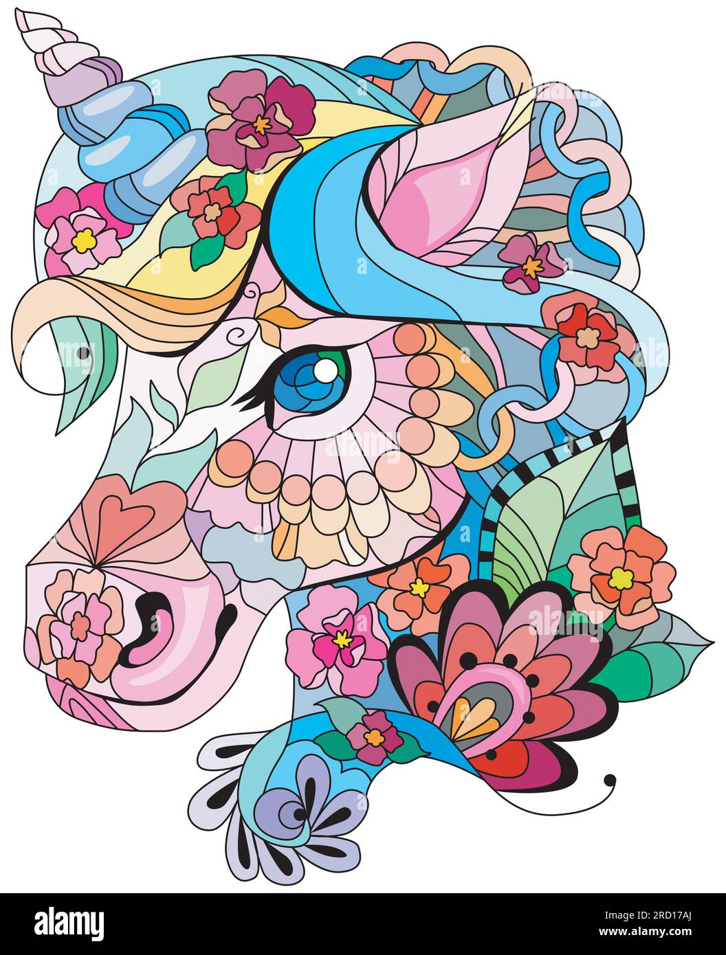 Testa unicorno stile Zentangle. Può essere utilizzato per la stampa su t-shirt, carta da parati o poster. Illustrazione Vettoriale