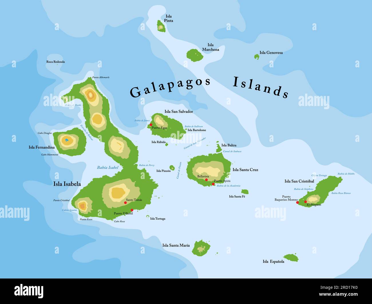 Mappa fisica altamente dettagliata delle isole Galapagos in formato vettoriale, con tutte le forme di rilievo, le regioni e le grandi città. Illustrazione Vettoriale