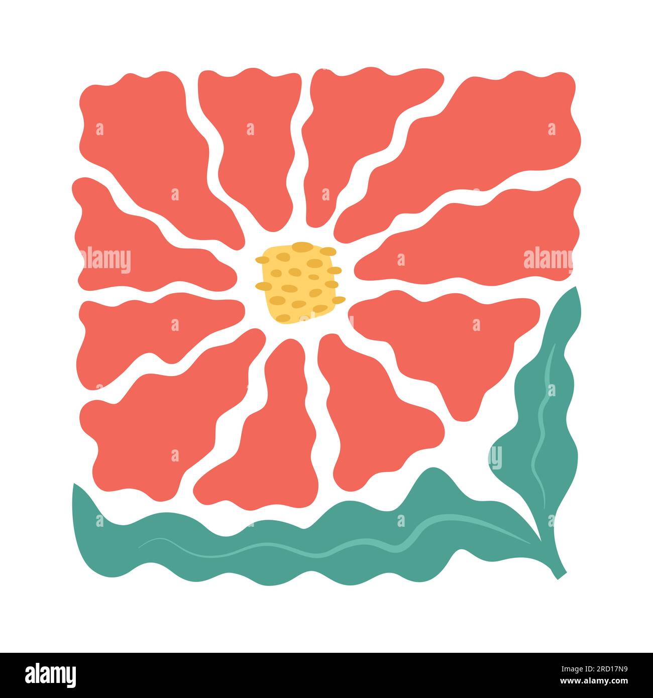 Arte moderna e alla moda a parete vettoriale ondulata, stampa, cartolina, timbro con fiori ondulati rossi e foglie. Doodle Groovy fiore astratto organico. Illustrazione Vettoriale