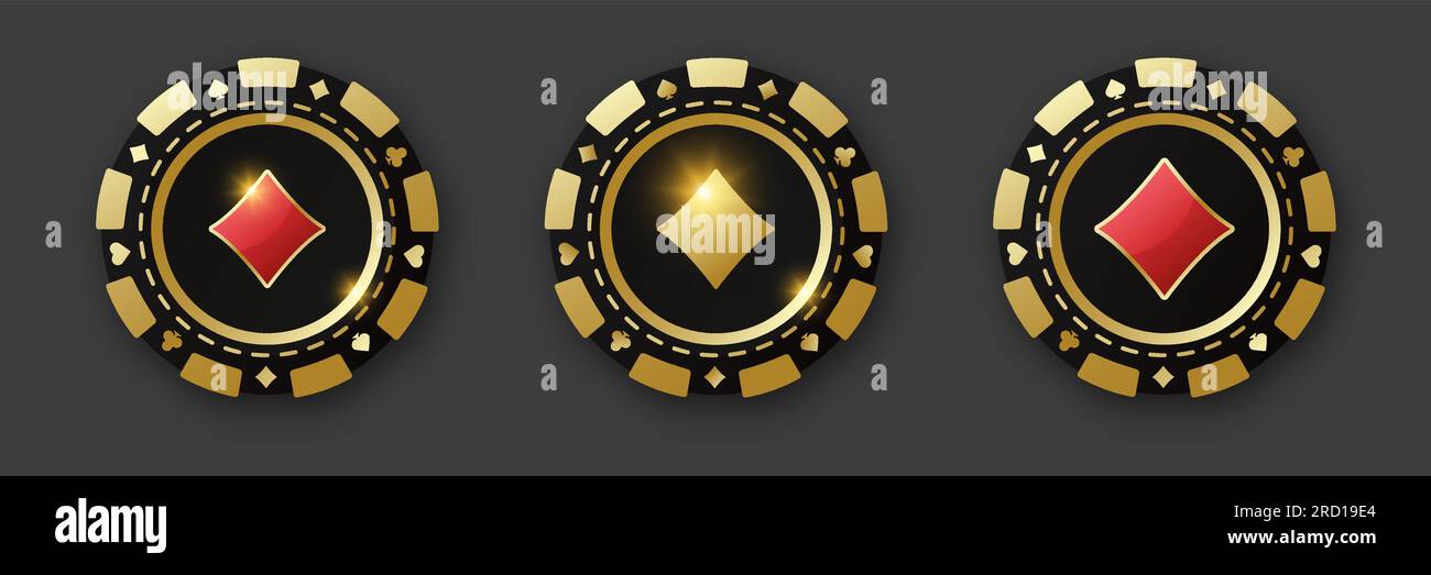 Patatine per diamanti. Set di patatine d'oro e rosse e poker. Gettoni da gioco con tute per poker, casinò e roulette. Illustrazione vettoriale. Per il gioco Illustrazione Vettoriale
