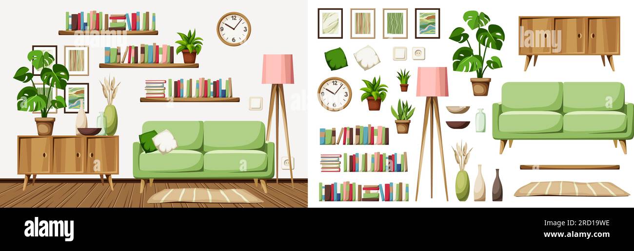 Design interno del soggiorno con divano, comò, libri su scaffali, piantana e monstera in vaso. Set di mobili. Costruttore di interni Illustrazione Vettoriale