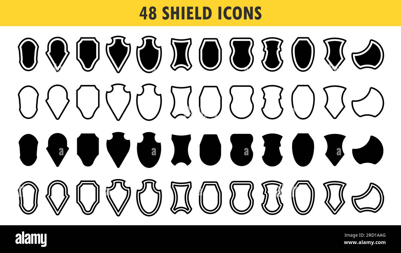 Icone di schermatura impostate. Distintivo della polizia. Raccolta di icone dello scudo di sicurezza con contorni e segni lineari. Simboli di protezione della sicurezza. Illustrazione vettoriale Illustrazione Vettoriale
