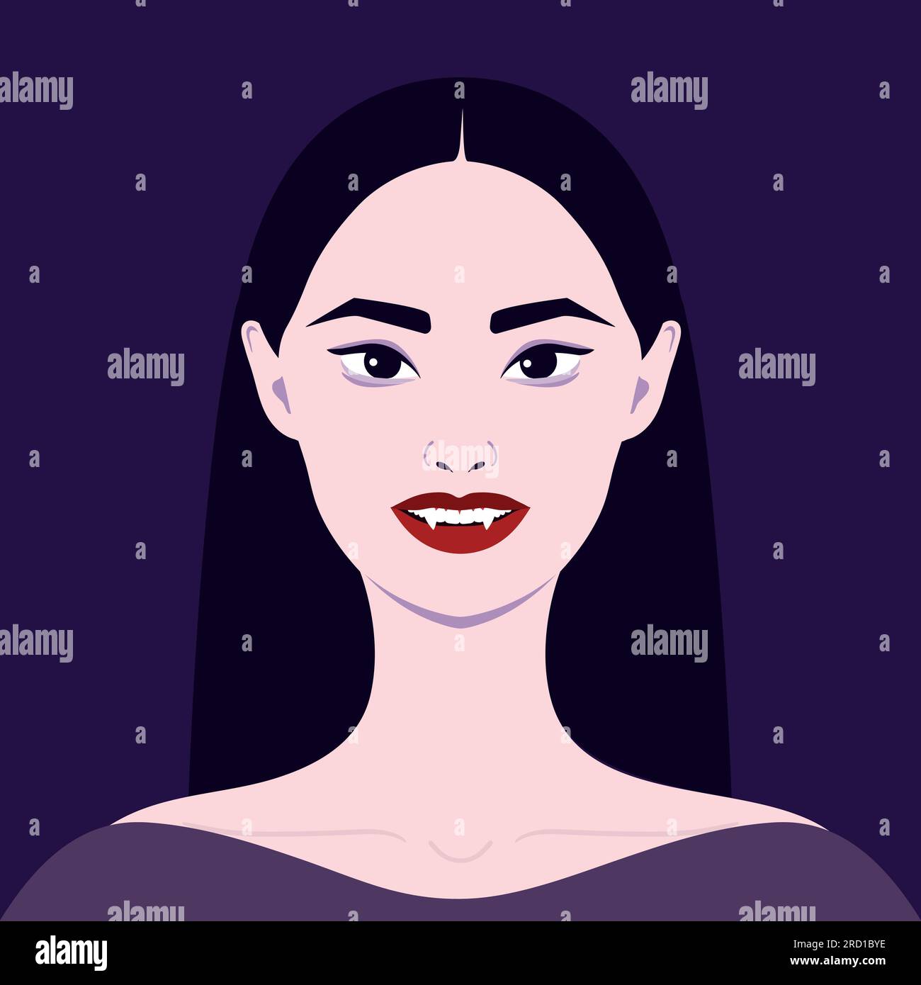 Ritratto di una bella donna vampira con capelli neri e labbra rosse. Illustrazione vettoriale Illustrazione Vettoriale