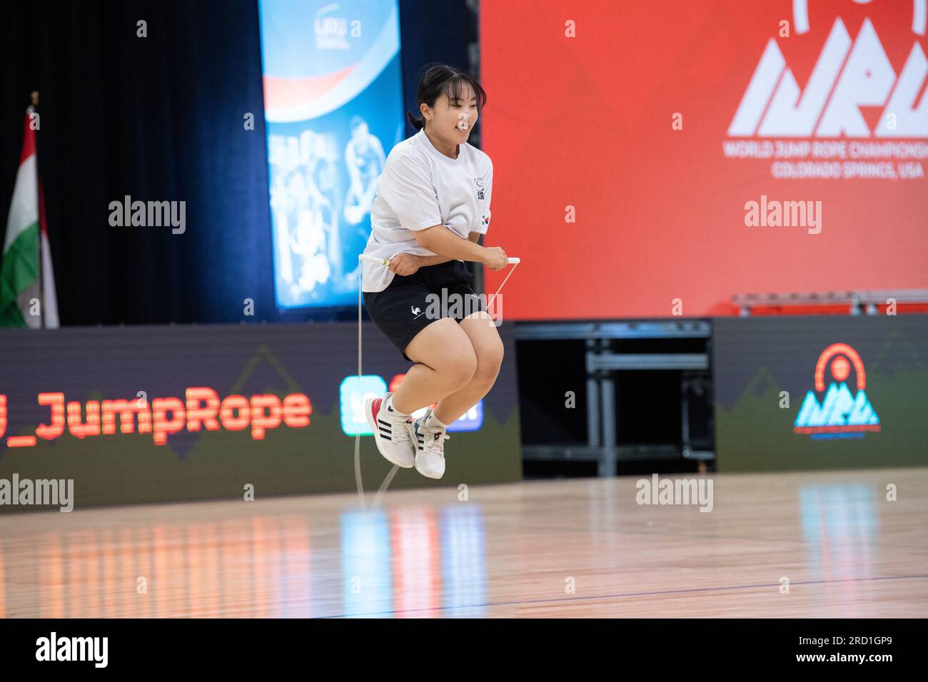 World Jump Rope International Open, Colorado Springs, Colorado, USA. 17 luglio 2023. La coreana Linyeong Kim compete nella Single Rope Individual Freestyle Credit: Casey B. Gibson/Alamy Live News Foto Stock