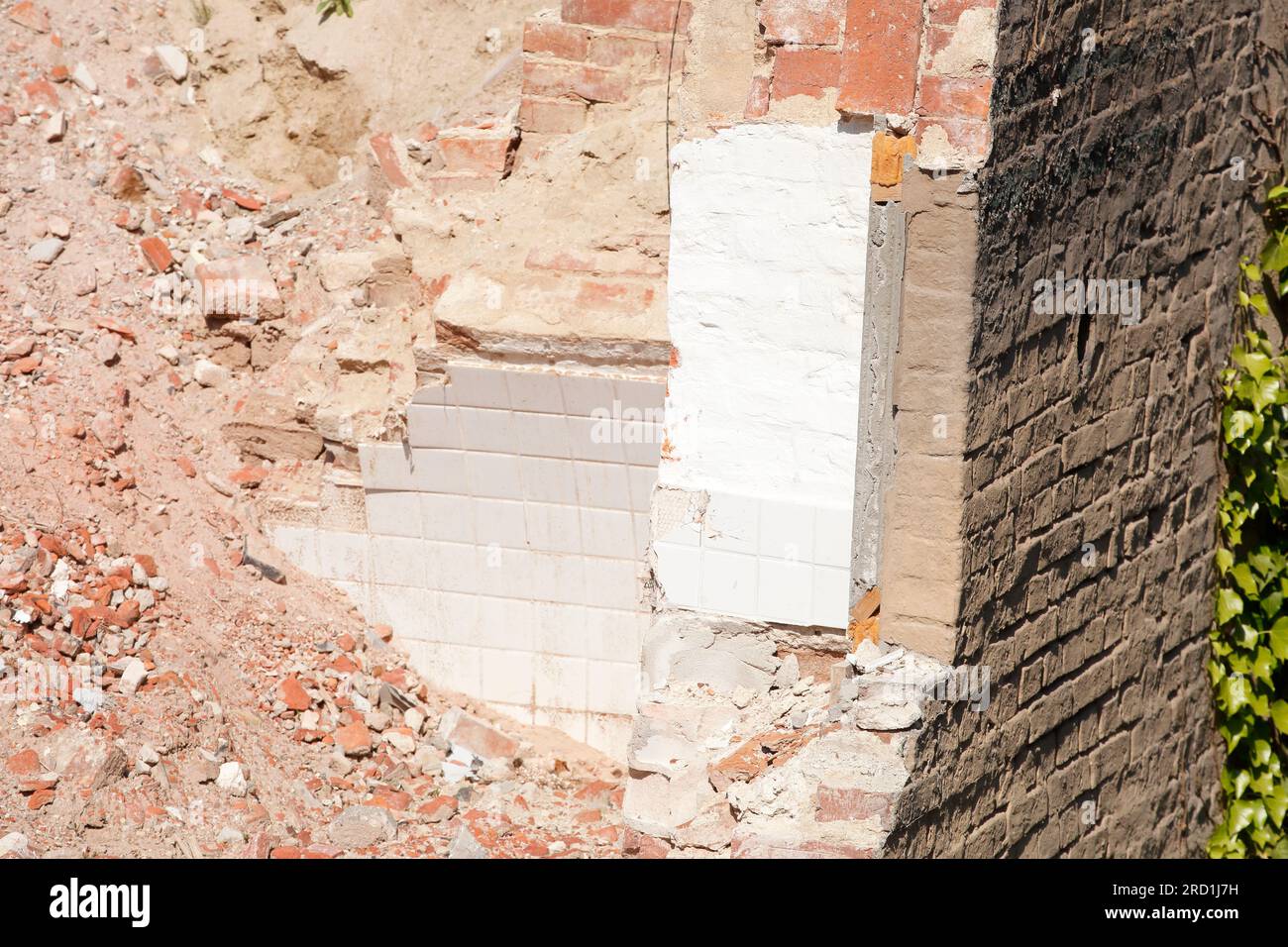 Demolizione di case, resti di mura e detriti di case demolite, Germania Foto Stock