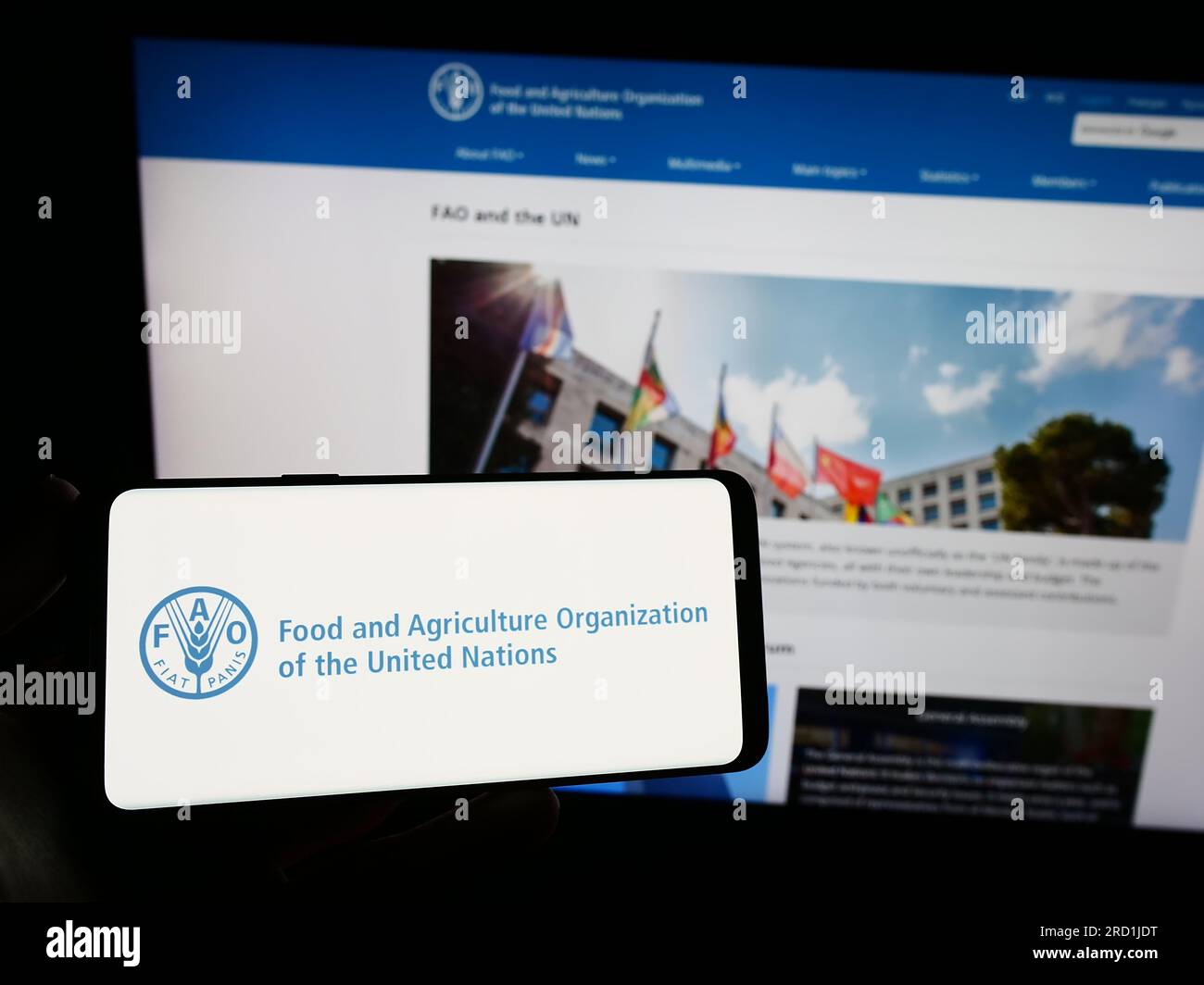 Persona che possiede uno smartphone con il logo dell'agenzia delle Nazioni Unite per l'alimentazione e l'agricoltura (FAO) sullo schermo di fronte al sito web. Concentrarsi sul display del telefono. Foto Stock