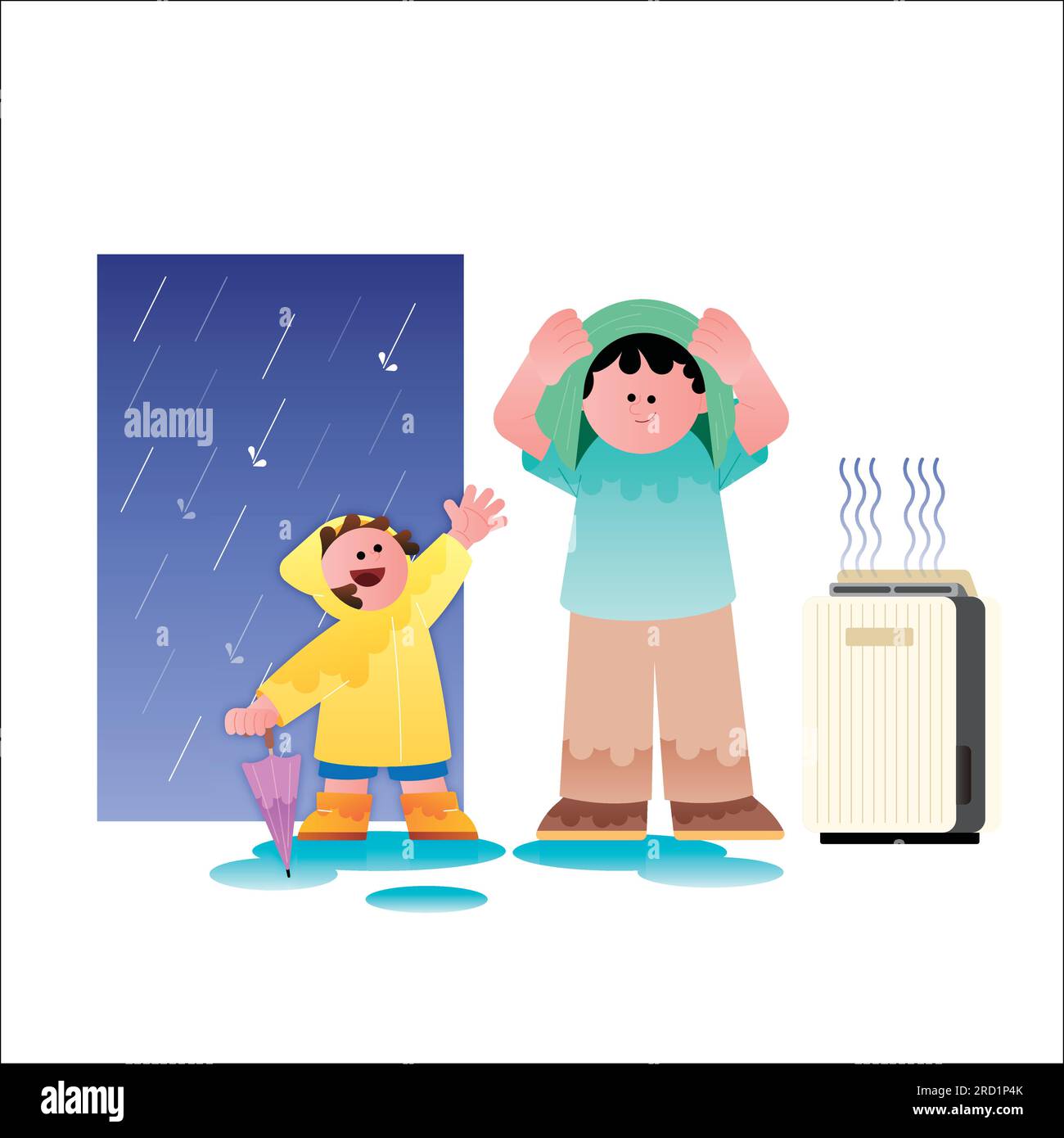 applicazioni domestiche, uomo che piove e asciugare i vestiti in asciugatrice Illustrazione Vettoriale