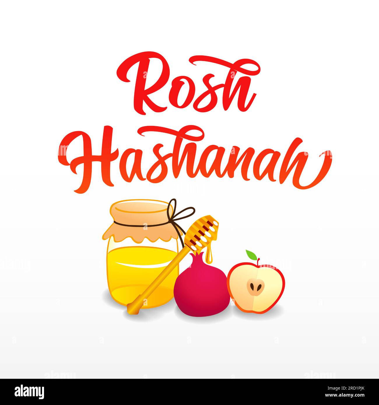 Scritta Rosh Hashanah, banner natalizio con miele, melograno e mela. Illustrazione vettoriale dei simboli tradizionali Shana Tova Illustrazione Vettoriale