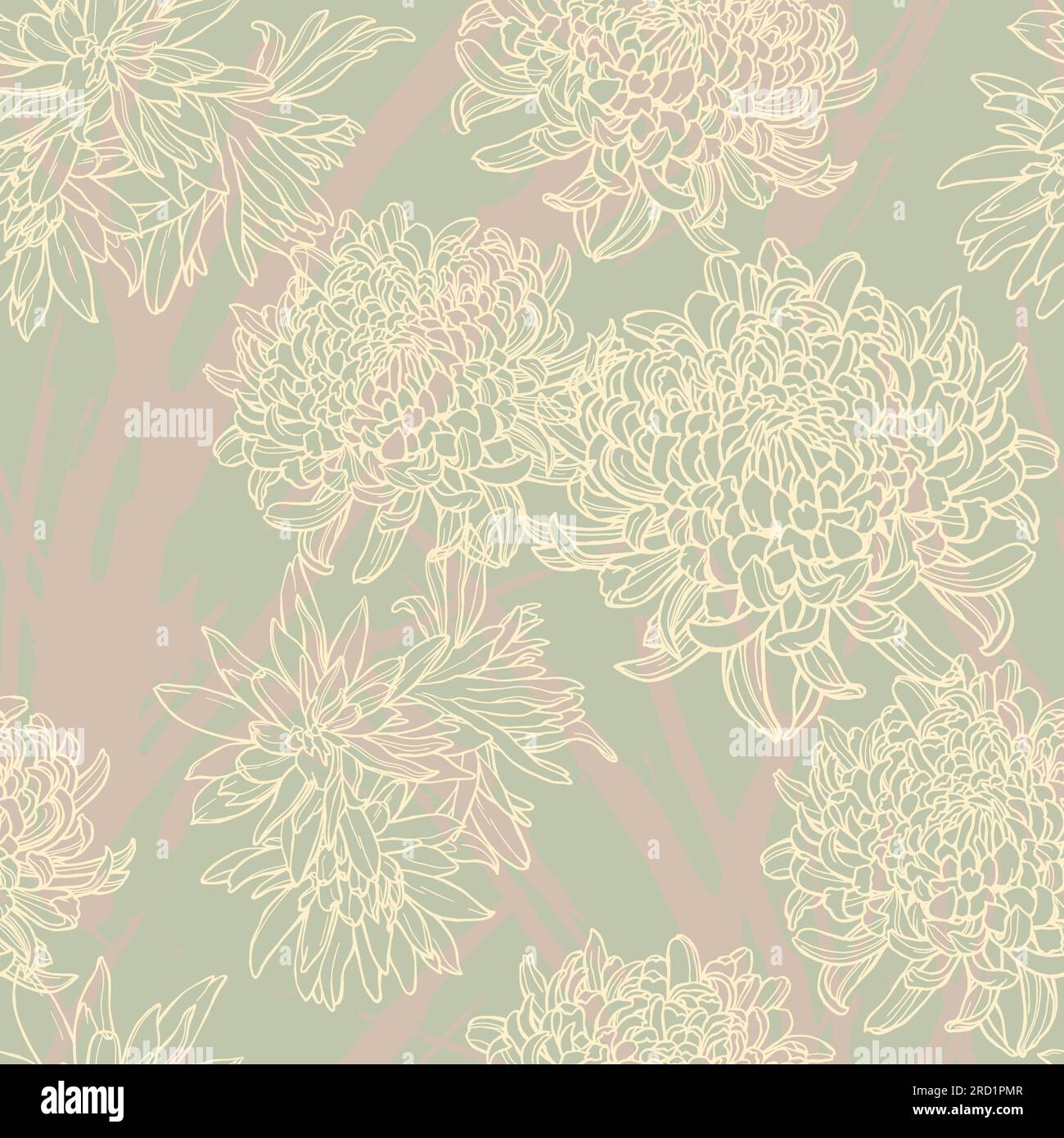 Motivo floreale senza cuciture con crisantemi. Disegnato a mano con penna e inchiostro. Tessera vettoriale in colori pastello. Illustrazione Vettoriale