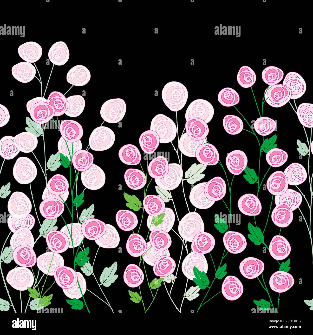Cespugli di rose rosa stilizzati su sfondo nero Illustrazione Vettoriale