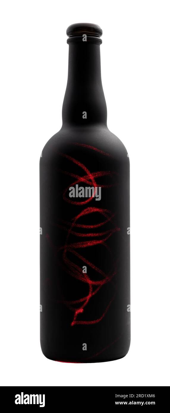 bottiglia di vino nero opaco con linee laser rosse su sfondo bianco Foto Stock