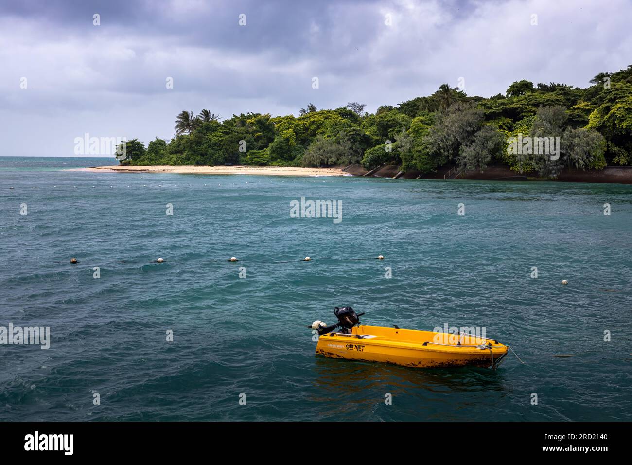 Barca gialla ormeggiata nella baia di Green Island, North Queensland. Foto Stock