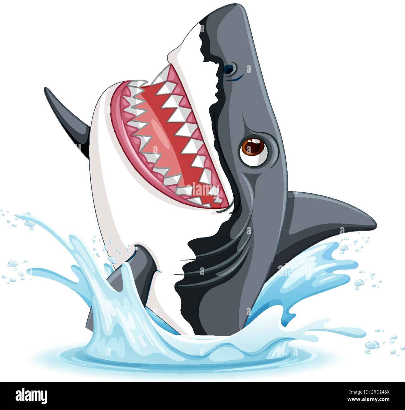 Un cartone animato raffigurante un grande squalo bianco con grandi denti che saltano fuori dall'acqua con un'illustrazione del sorriso Illustrazione Vettoriale Un cartone animato raffigurante un grande squalo bianco con grandi denti che saltano fuori dall'acqua con un'illustrazione del sorriso Illustrazione Vettoriale
