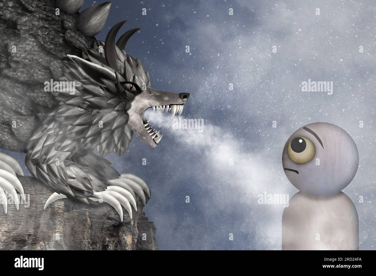 Il personaggio sta affrontando il suo demone interiore che respira il fuoco per superare una paura che ha evitato. Foto Stock