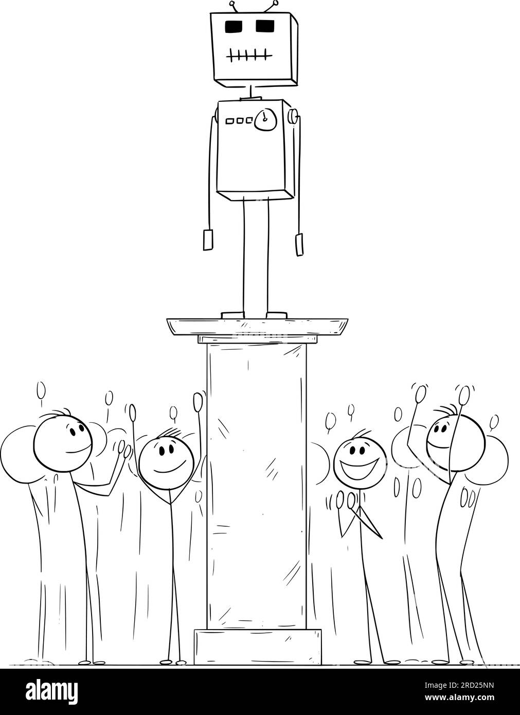 Folla che festeggia o applaude a robot o intelligenza artificiale, illustrazione della figura Vector Cartoon Stick Illustrazione Vettoriale