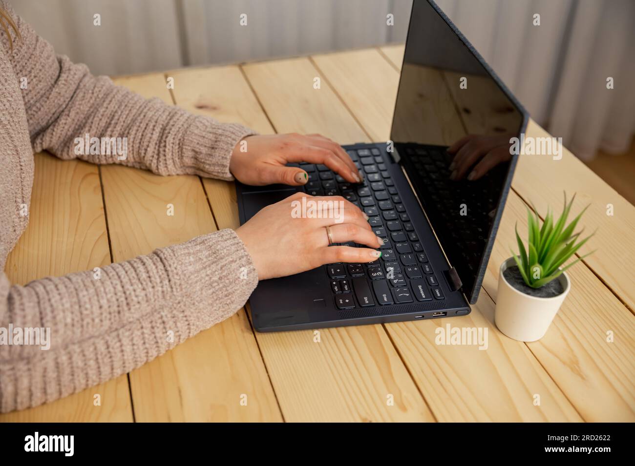 Immagine ravvicinata di mani femminili che digitano. Donna che usa il notebook a casa Foto Stock