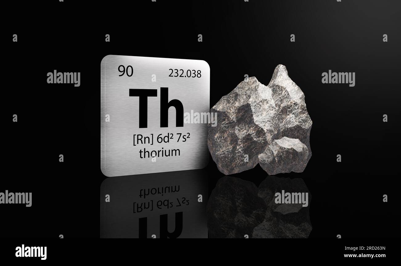 Elementi torio su una tavola periodica metallica con torio metamitico grigio nero su sfondo scuro. Icona e illustrazione con rendering 3D. Foto Stock