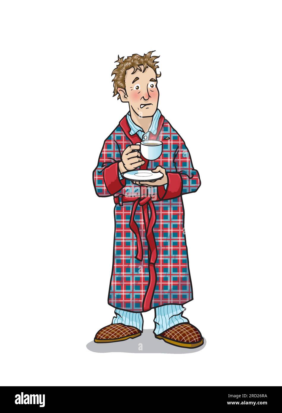 Illustrazione, uomo bianco in vestaglia e pantofole con tazza da tè e piattino, libro art Douglas Adams' Hitchhiker's Guide to the Galaxy Arthur Dent Foto Stock