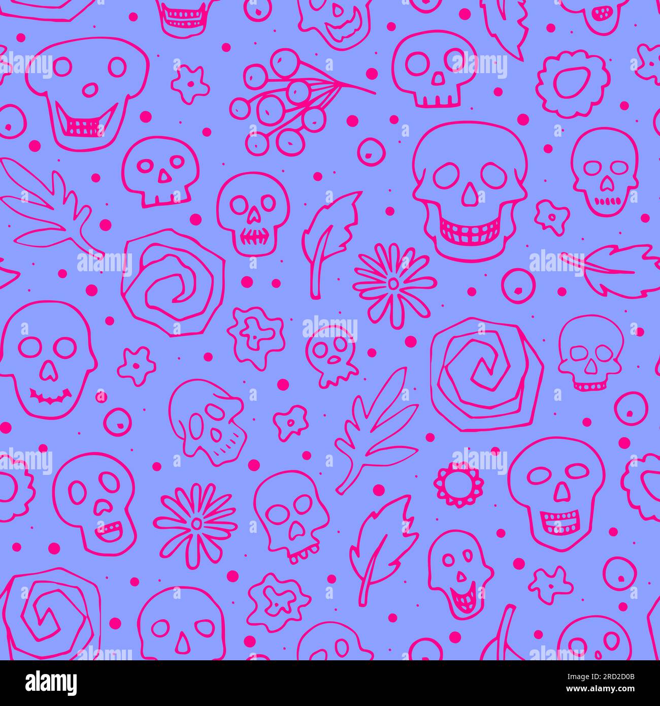 Puzzoletti di Halloween, motivi floreali senza cuciture. Scheletro, pianta su sfondo lilla. Disegnato a mano el dia de los Muertos. Carattere mistico. Vettore i Illustrazione Vettoriale