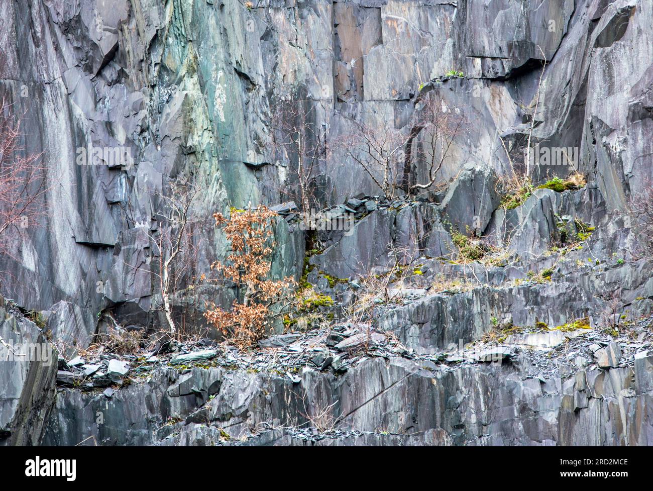 Llanberis Slate Quarry paesaggio oltre Llanberis sopra i Laghi - questo cerca di mostrare la gamma di colori ardesia visibili da vedere Foto Stock