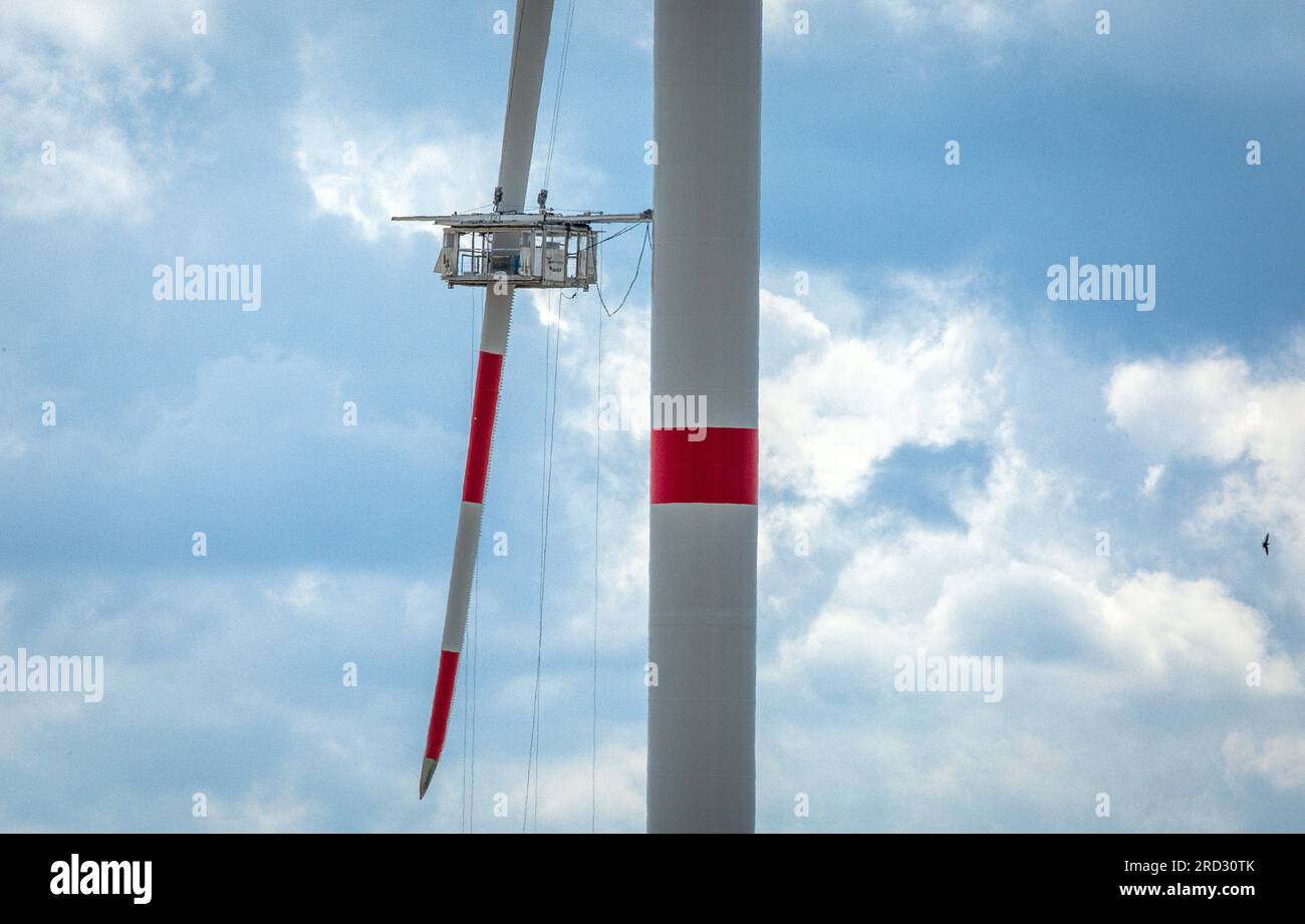 Radegast, Germania. 18 luglio 2023. Una piattaforma di lavoro è appesa a una pala del rotore di una nuova turbina eolica nel cantiere di una nuova centrale eolica. L'espansione delle turbine eoliche onshore sta facendo progressi in Germania. Nella prima metà del 2023 furono erette 331 turbine eoliche con una capacità totale di circa 1,56 gigawatt. Credito: Jens Büttner/dpa/Alamy Live News Foto Stock