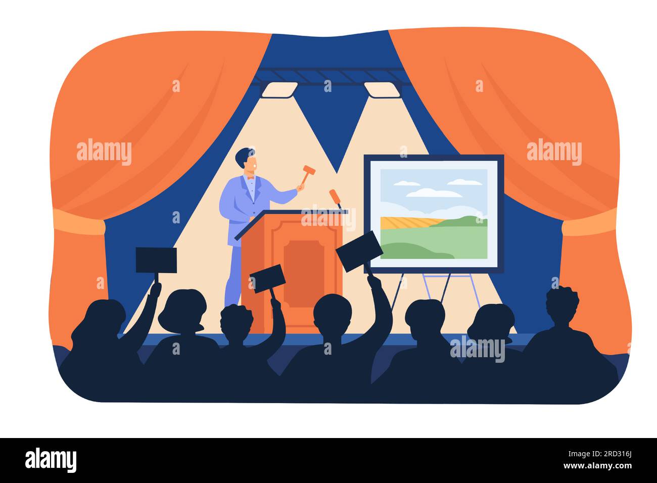 Uomo che tiene il martelletto dietro un piedistallo speciale e vende foto Illustrazione Vettoriale