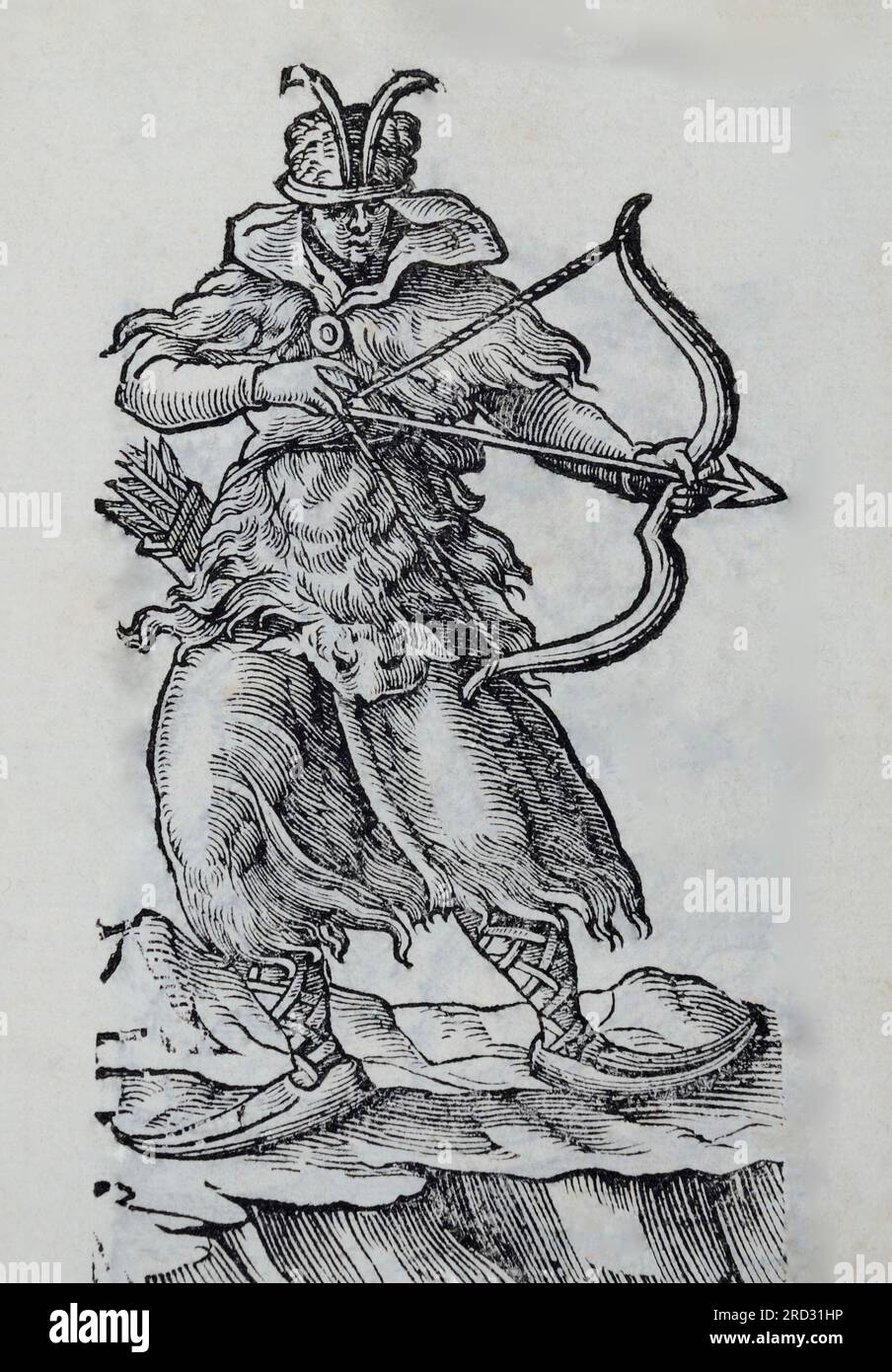 Un'immagine molto precoce di una donna nativa dei Biarmiani, con un arco e frecce, gonna in pelliccia, cieli ai piedi. Una donna Biarmiana non era un oggetto, era una Foto Stock