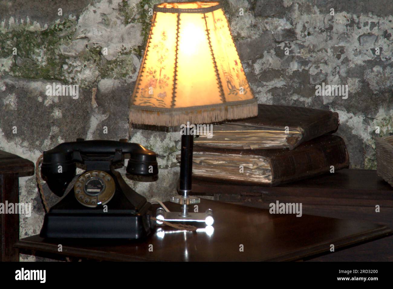 lampada da tavolo e telefono Foto Stock