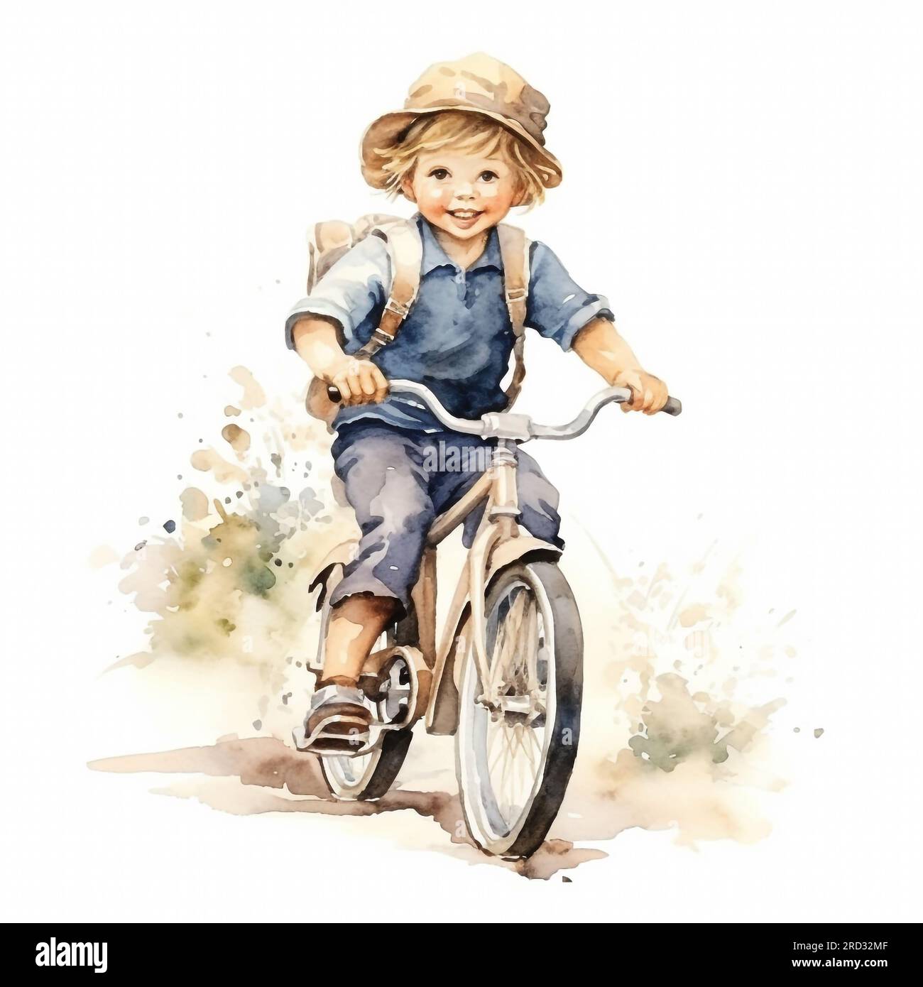 Simpatico bambino in bicicletta, ciclismo, illustrazione in stile vintage ad acquerello. Foto Stock