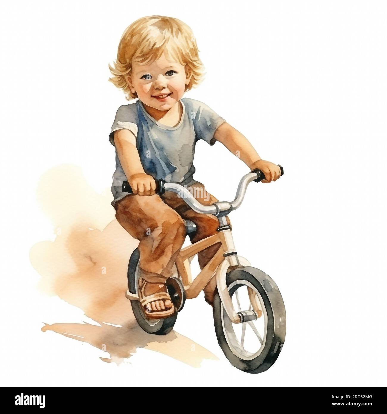 Simpatico bambino in bicicletta, ciclismo, illustrazione in stile vintage ad acquerello. Foto Stock