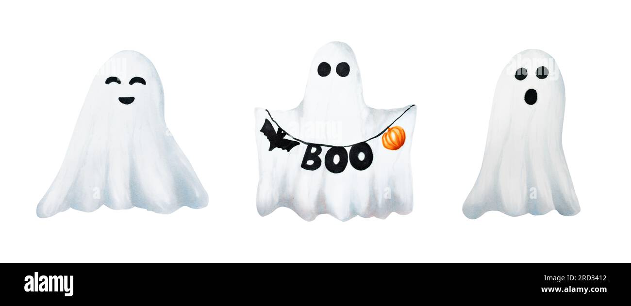 Illustrazione dei fantasmi carini di Halloween ad acquerello. Dipingere a mano fantocci con facce isolate su sfondo bianco. Per designer, decorazioni, negozi, per po Foto Stock