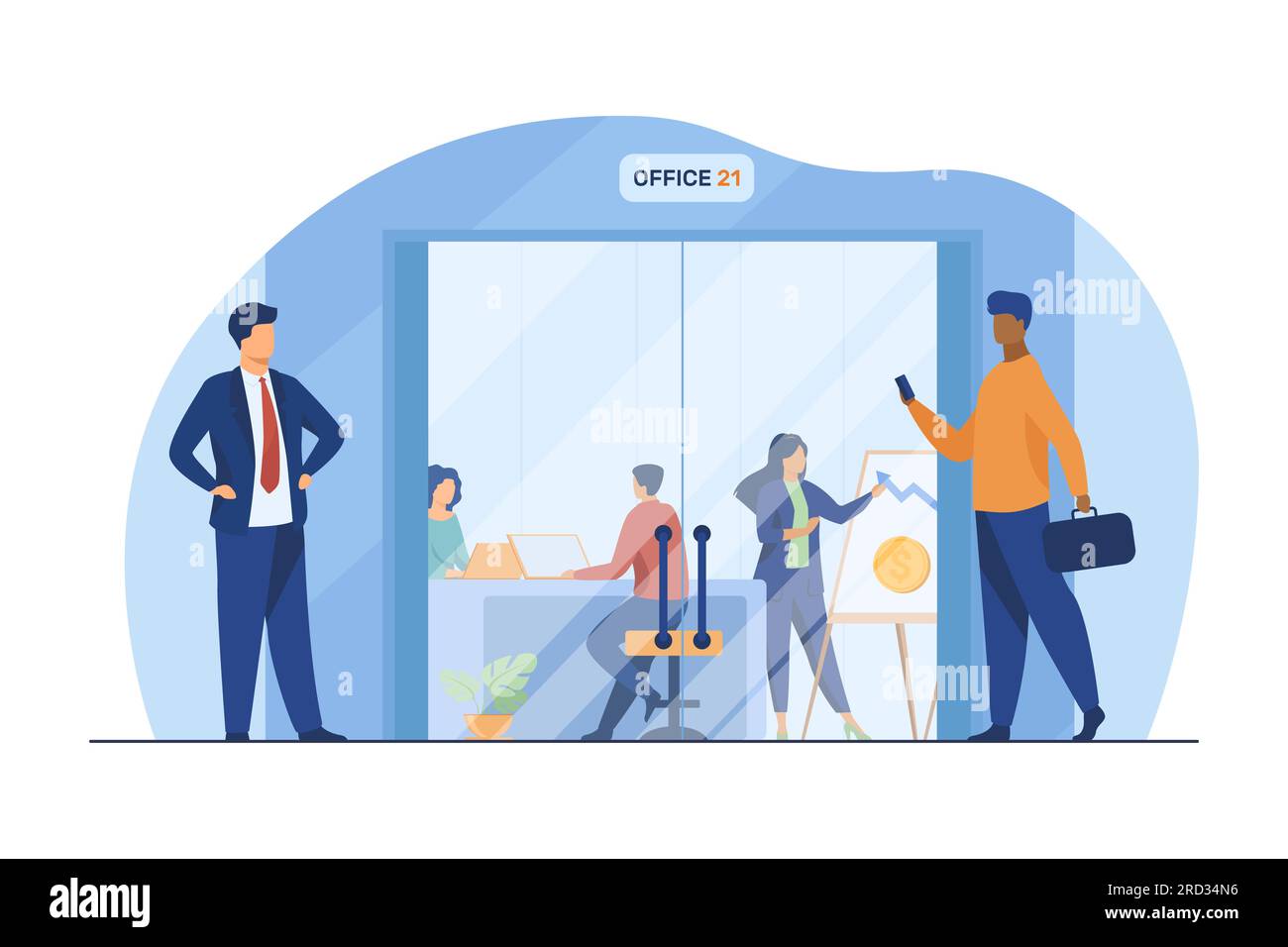 Persone d'affari che camminano nel corridoio verso la porta di vetro dell'ufficio Illustrazione Vettoriale