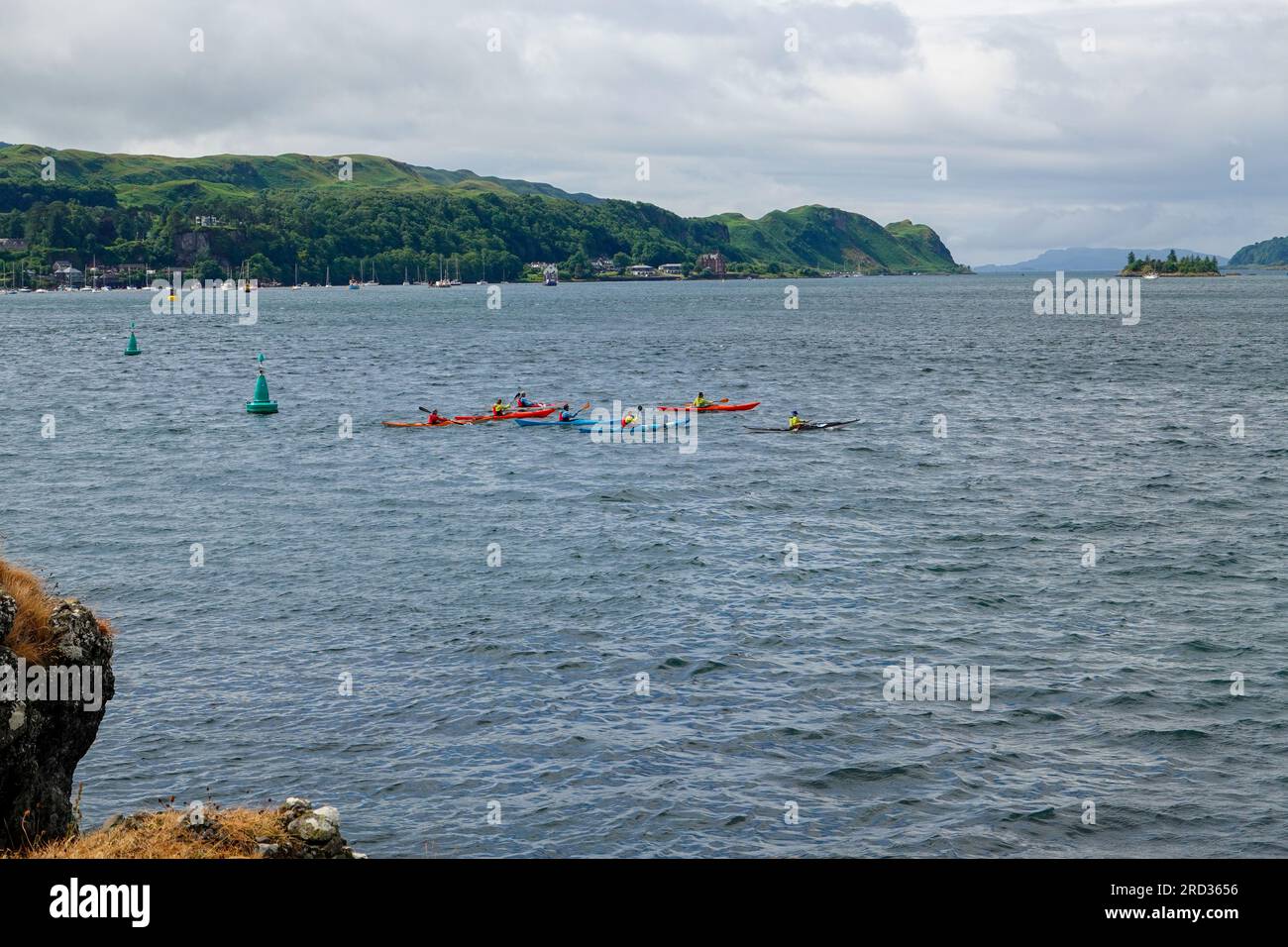 Gruppo di kayakers che praticano le loro manovre a Oban Bay, Argyll e Bute, Scozia, Regno Unito. Foto Stock