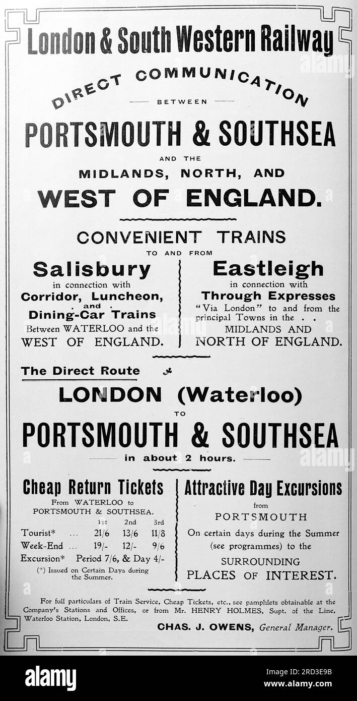 Pubblicità per London and South Western Railway. Da una collezione di pubblicità e fotografie stampate datate 1908 relative alle aree di Southsea e Portsmouth nell'Hampshire, in Inghilterra. Alcuni degli originali erano poco più delle dimensioni dello snapshot e la qualità era variabile. Foto Stock