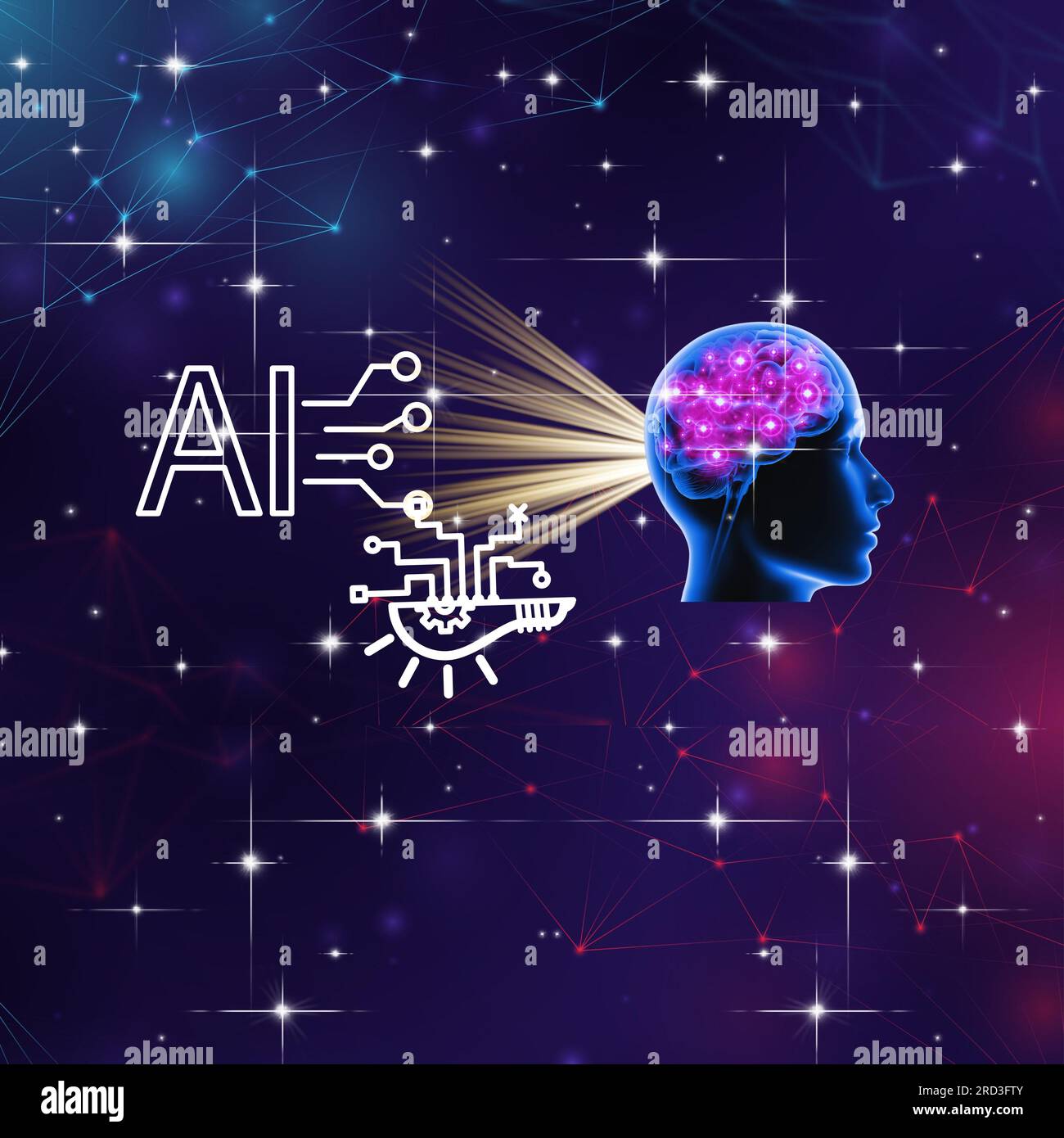 un cervello umano e un'intelligenza artificiale collegati da un ponte luminoso. Il cervello rappresenta la creatività naturale degli esseri umani vs ai Foto Stock