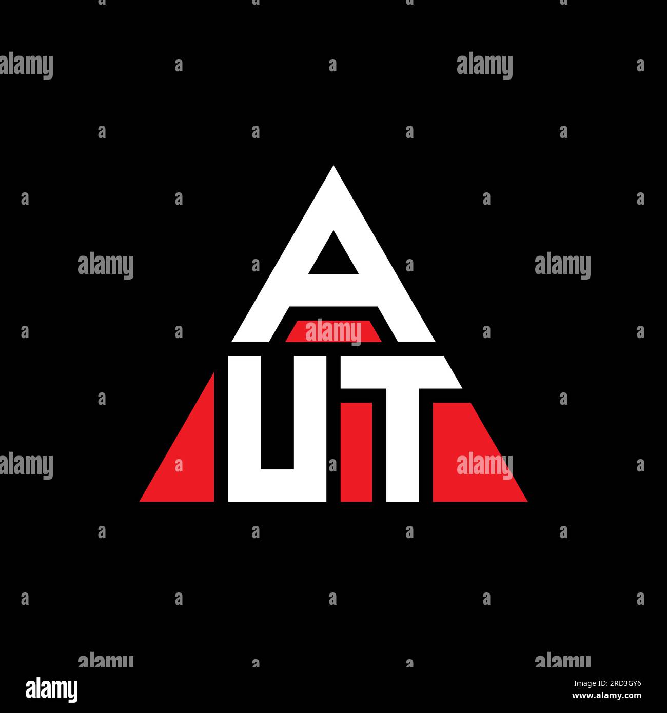 Logo AUT a lettere triangolari con forma triangolare. Monogramma di design con logo a triangolo AUT. Modello di logo vettoriale a triangolo AUT di colore rosso. AUT triangul Illustrazione Vettoriale
