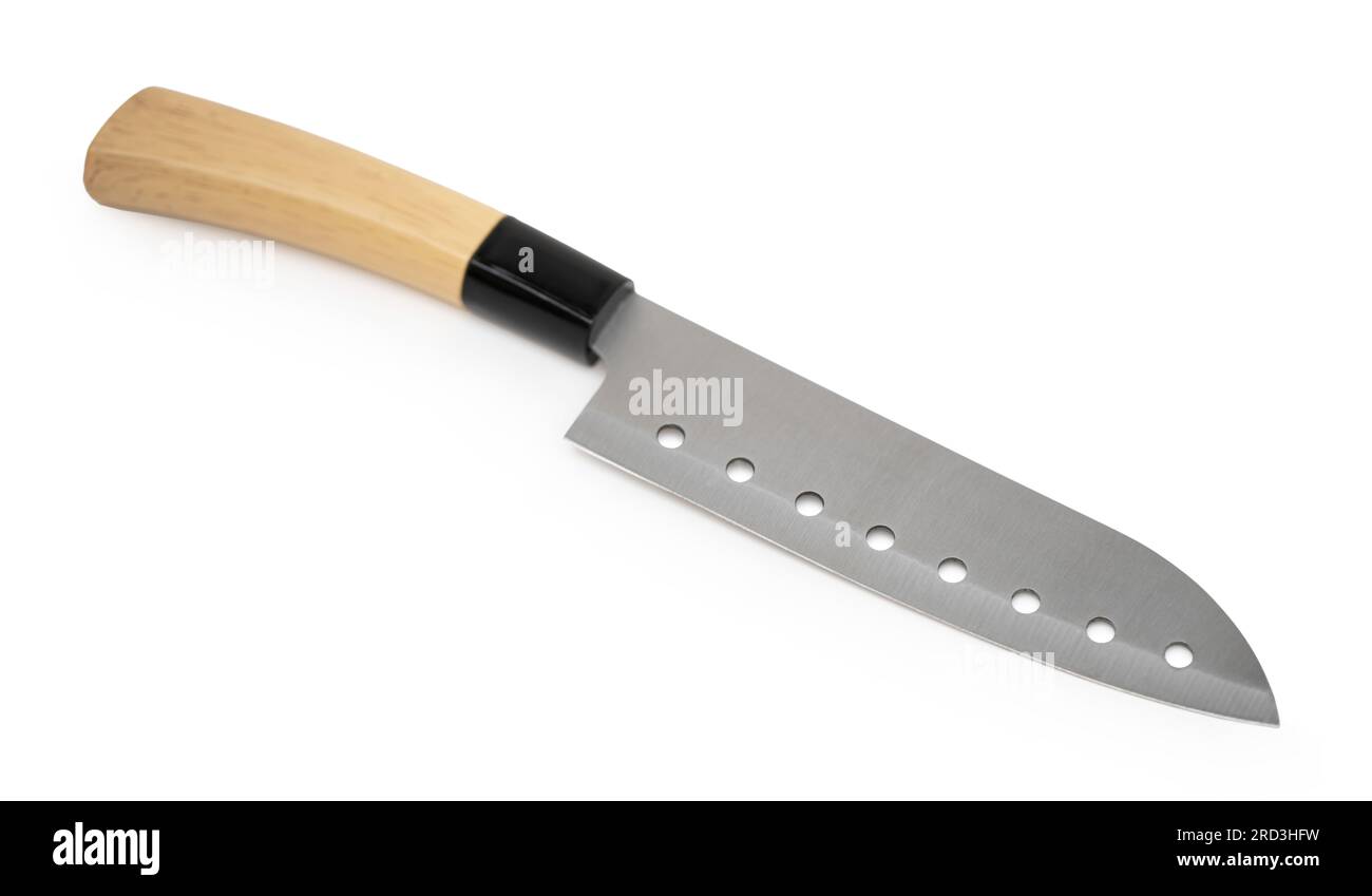coltello da cucina con manico in legno su sfondo bianco isolato Foto Stock