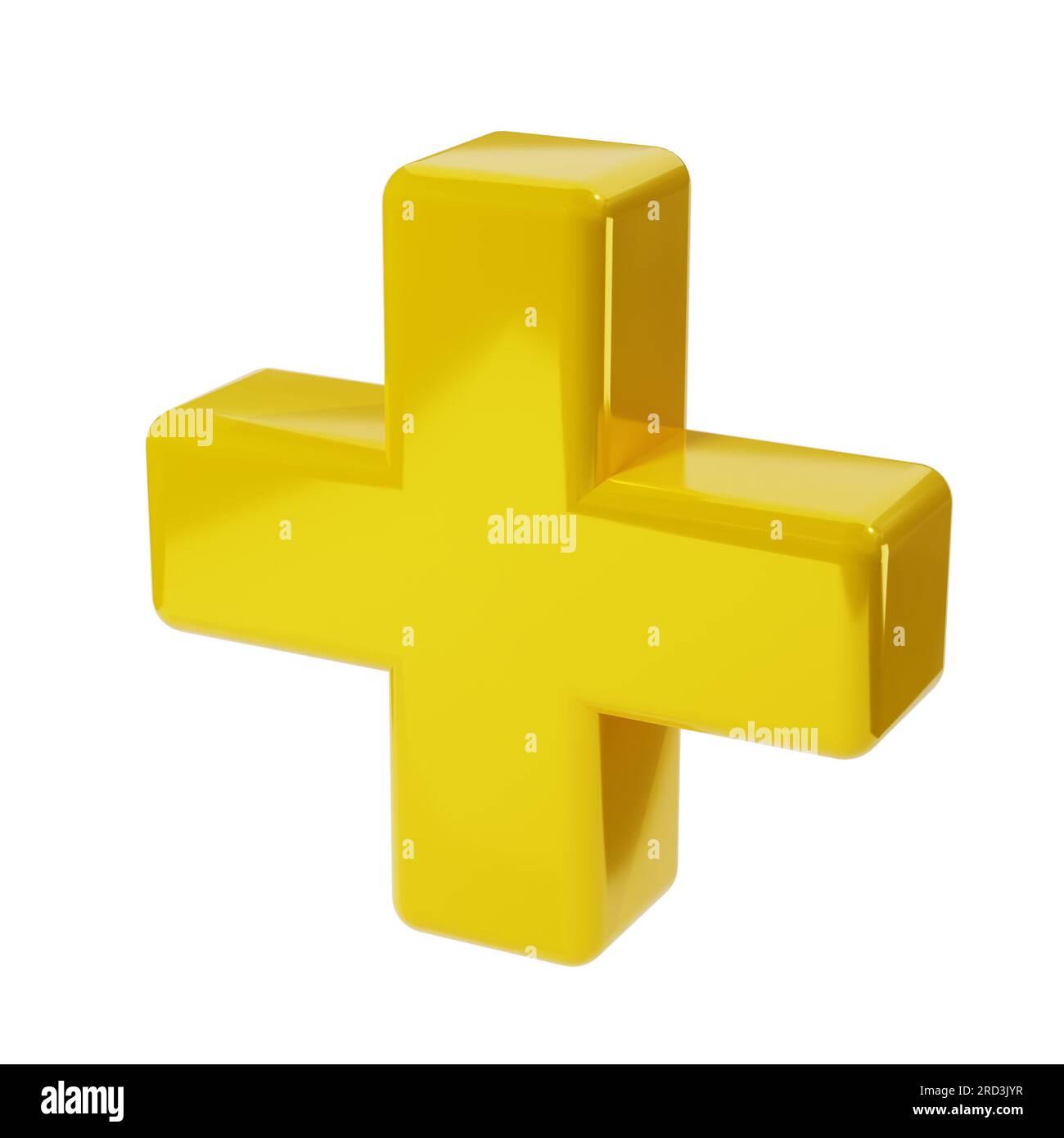 Realistica icona 3d giallo dorato con segno più. Elemento aritmetico decorativo, matematica didattica, simbolo matematico o medico. Illustrazione astratta isola Foto Stock