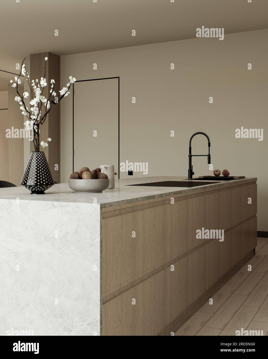 Cucina con isola e facciate in legno. Foto Stock