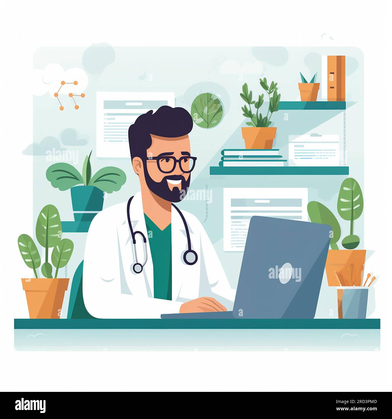 Medicina online. Medico sullo sfondo di un telefono cellulare con un laptop in mano. Illustrazione piatta Foto Stock