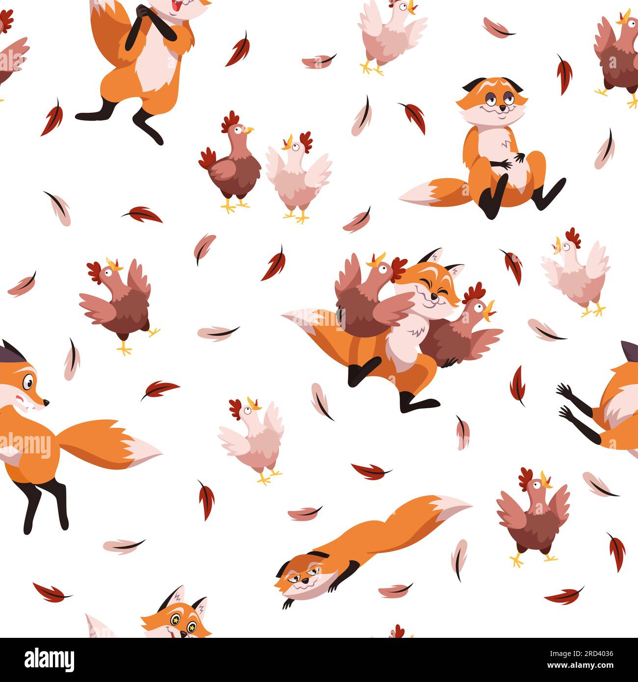 Motivo senza cuciture con polli e volpi. Divertente stampa in tessuto infantile con astuto animale selvatico. Tessuto decorativo, carta da rivestimento, carta da parati Illustrazione Vettoriale