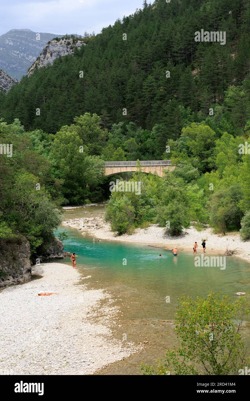 Le limpide acque del fiume Verdon, del Parco Naturel Regional du Verdon Alpes-de-Haute-Provence Provence-Alpes-Cote d'Azur Francia Foto Stock