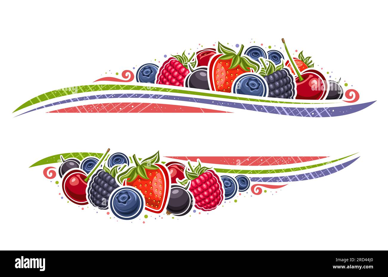 Bordo vettoriale per le bacche con spazio per la copia del testo pubblicitario, layout decorativo con illustrazione di fragole dolci da giardino, ciliegie acide, nero foresta Illustrazione Vettoriale